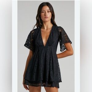 Showpo black lace mini V-neck dress do you miss me size 2